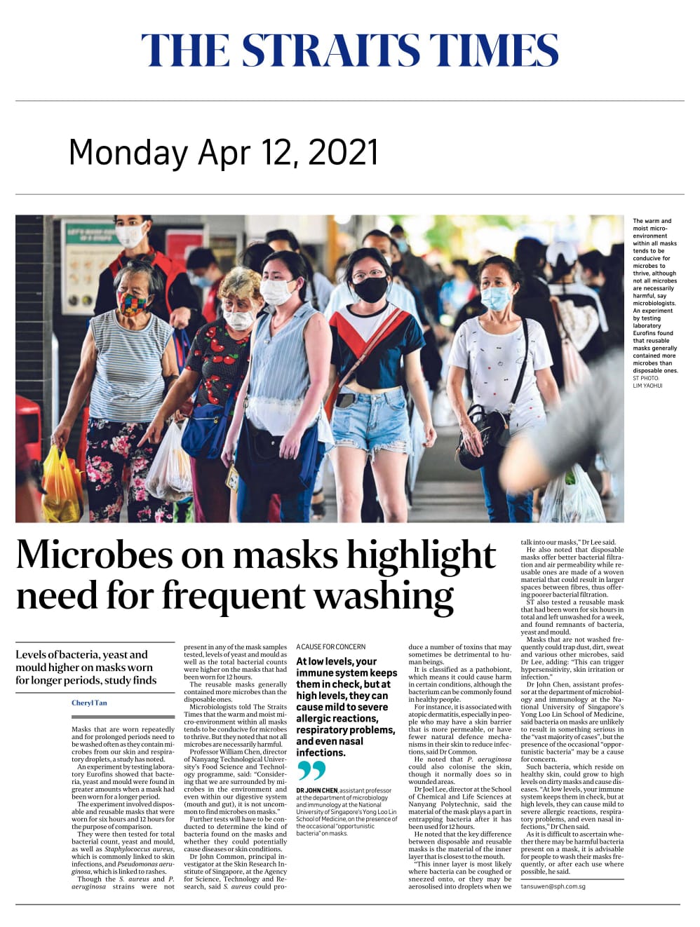 Microbes on masks highlight need for frequent washing - Published in The Straits Times April 12, 2021