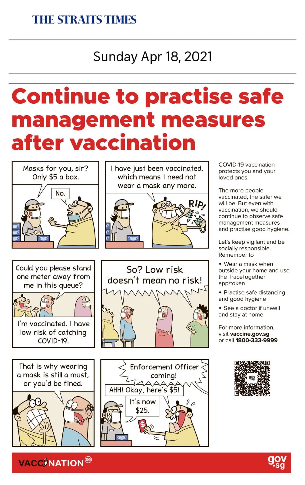 Continue to Practice Safe Management Measures After Vaccination - Published in The Straits Times April 18, 2021