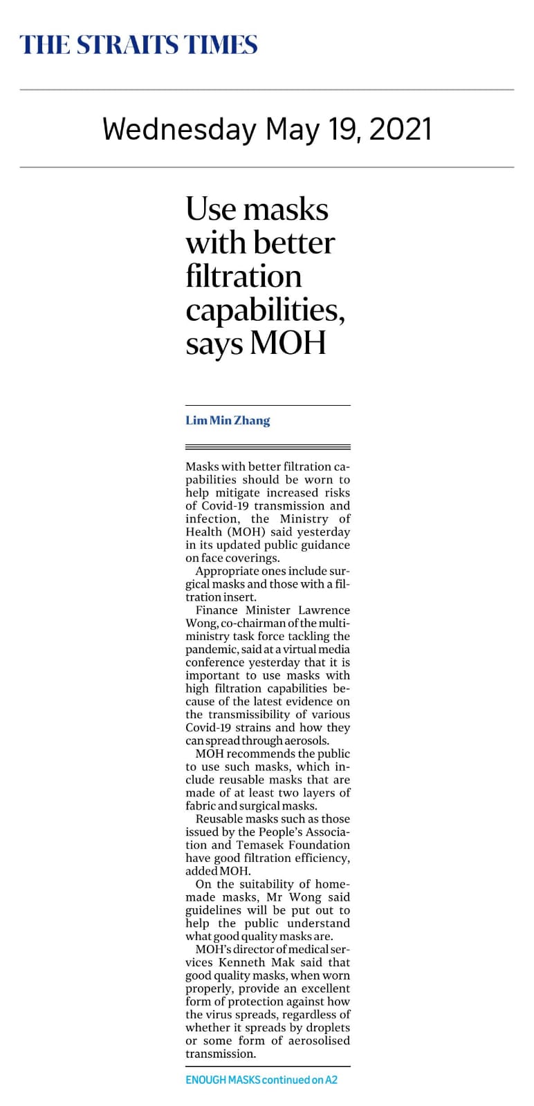 Use masks with better filtration capabilities, says MOH - Published in The Straits Times May 19, 2021