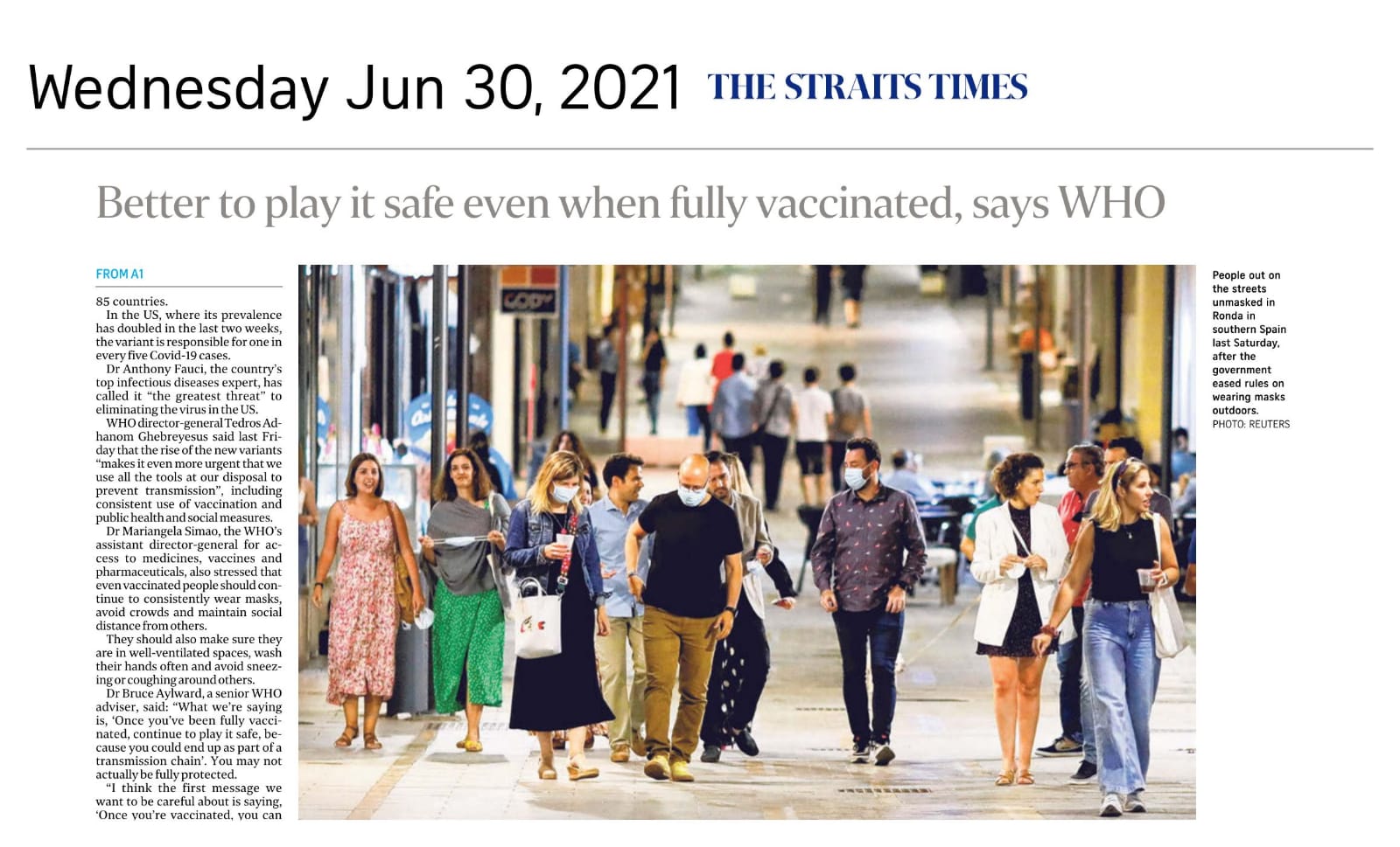 Better to Play It Safe Even When Fully Vaccinated, Says WHO - Published in The Straits Times June 30, 2021