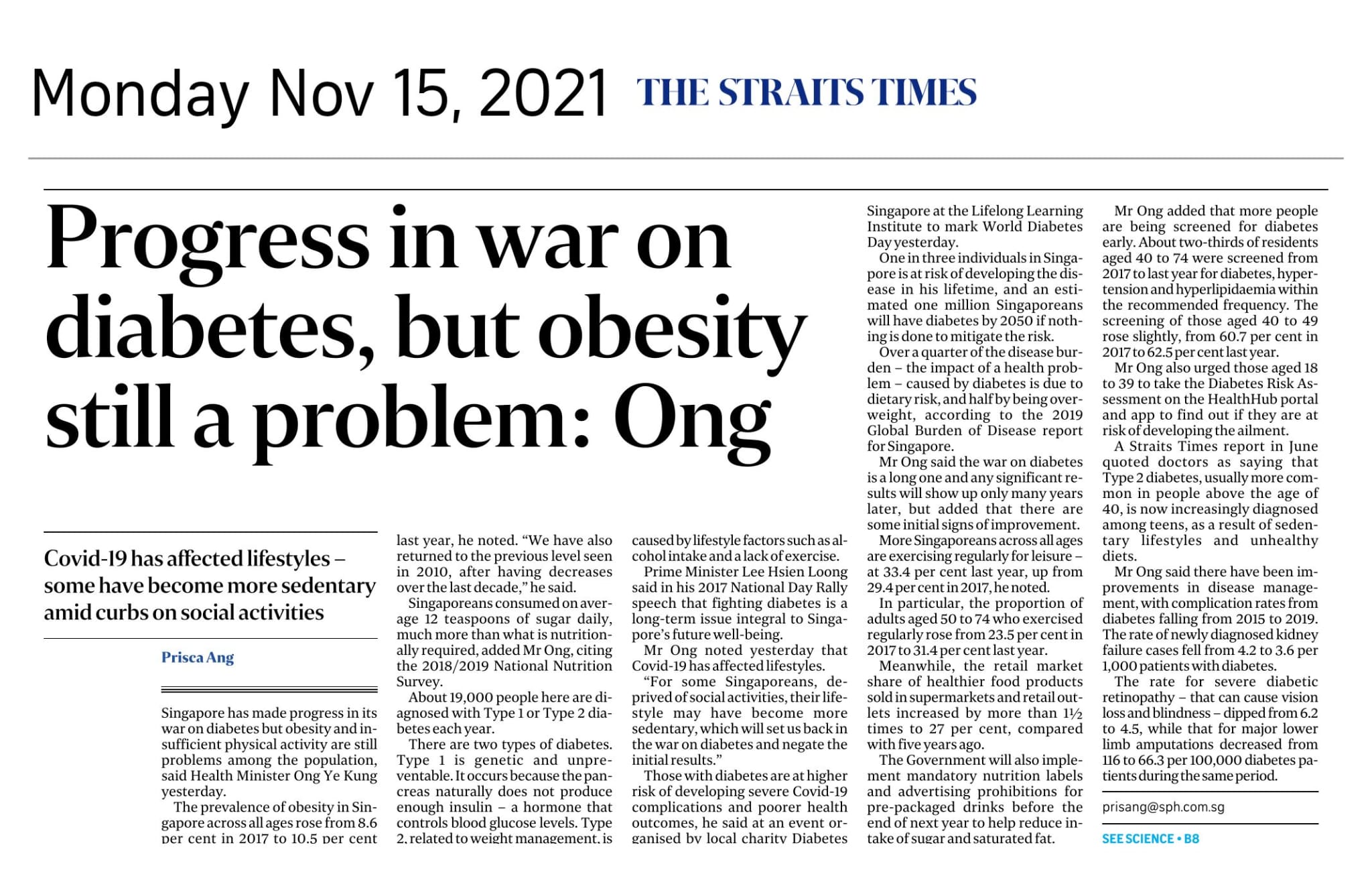 Progress in War on Diabetes, but Obesity Still a Problem: Ong - Published in The Straits Times Nov 15, 2021