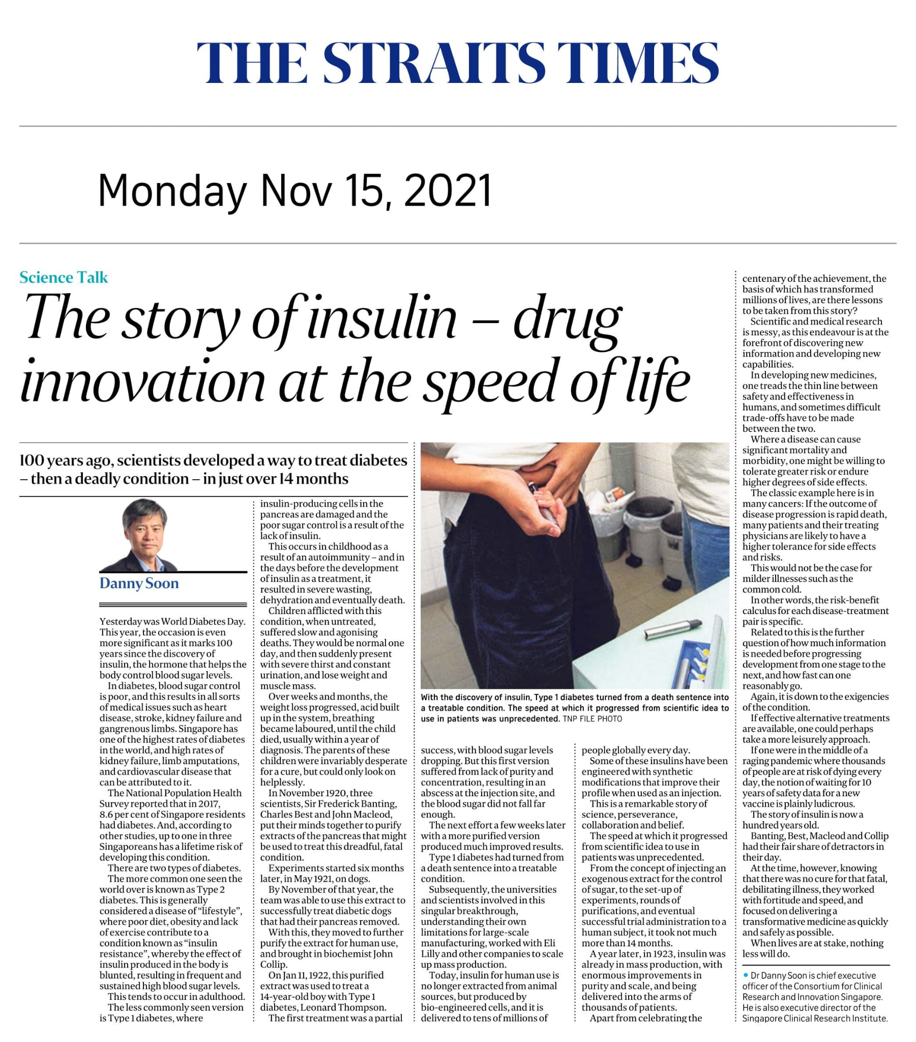 The Story of Insulin, Drug Innovation at The Speed of Life - Published in The Straits Times Nov 15, 2021
