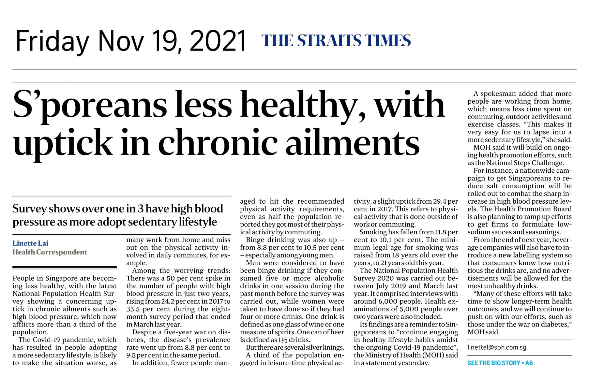 Singaporeans Less Healthy, with Uptick in Chronic Ailments - Published in The Straits Times Nov 19, 2021