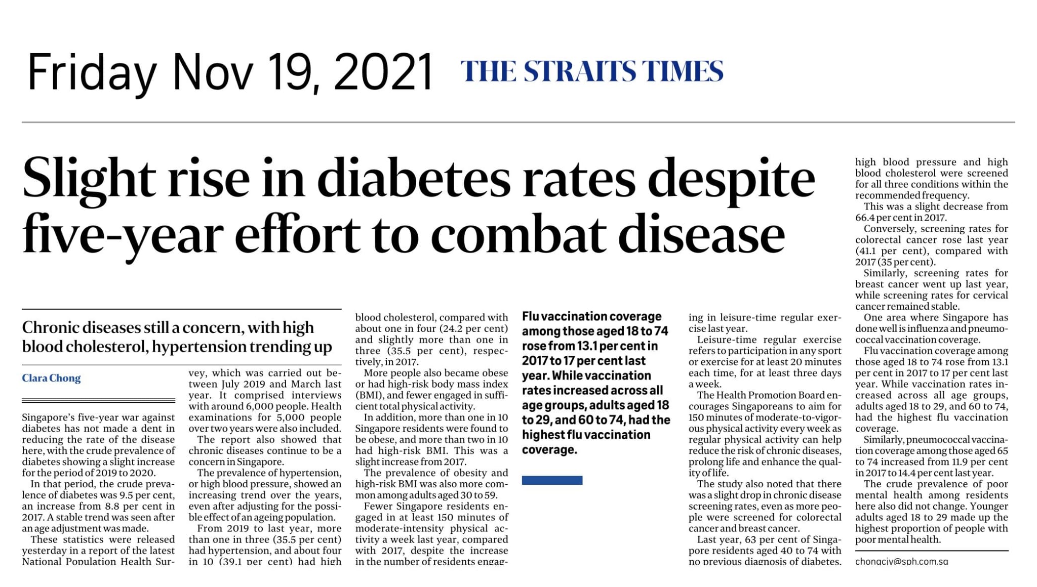 Slight Rise in Diabetes Rates Despite Five-Year Effort to Combat Disease - Published in The Straits Times Nov 19, 2021